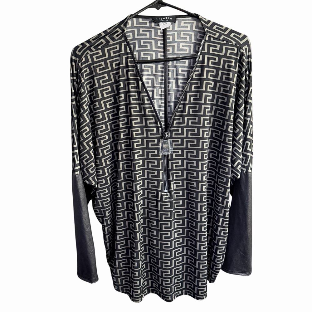 Ariella Women's Top Zip Front Large Geometric Made In USA Relaxed Career